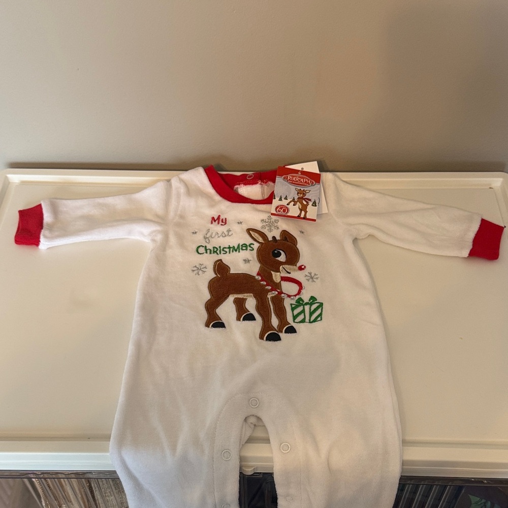 NWT Rudolph Christmas White Red Green Brown 6MO Onesie Footed pajamas